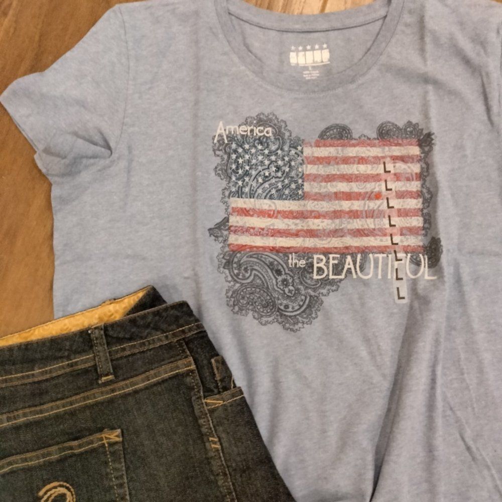 America the Beautiful Heather Blue Ladies LARGE Short Sleeve NEW Crewneck Tee